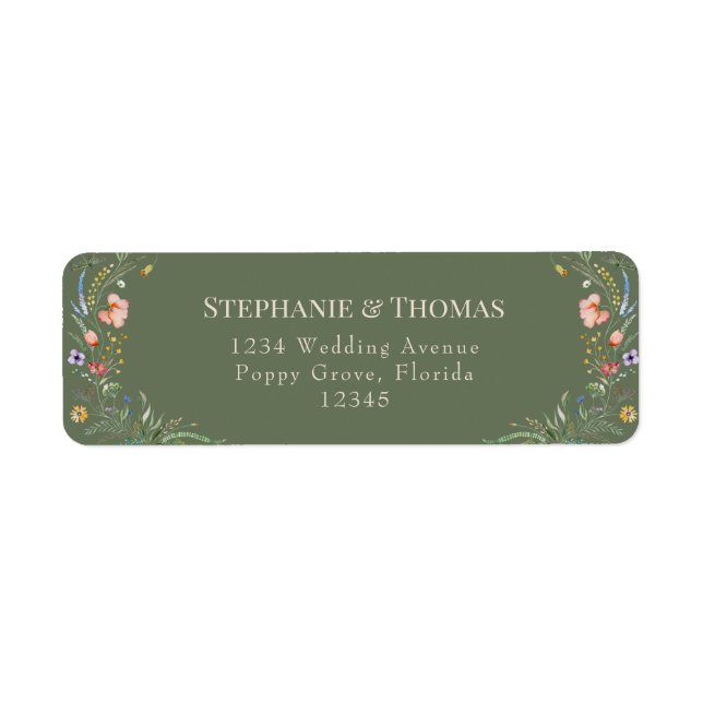 Olive Green Wildflower Meadow Wedding  Label (Front)