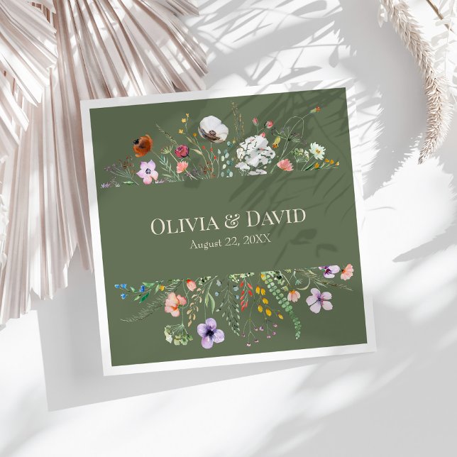 Olive Green Wildflower Meadow Wedding Napkins (Sage Green Wildflower Meadow Wedding Napkins on a sunny white table.)