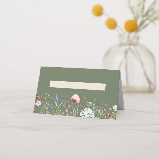 Olive Green Wildflower Meadow Wedding Place Card (Front)
