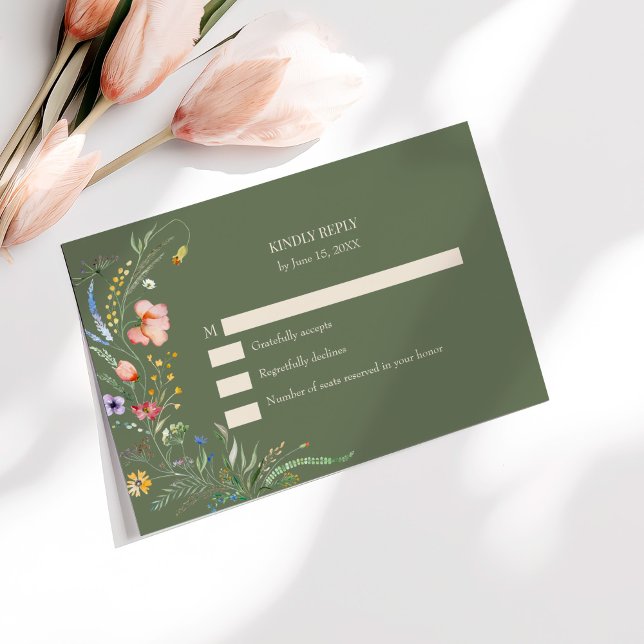 Olive Green Wildflower Meadow Wedding RSVP Card (Sage Green Wildflower Meadow Wedding RSVP Card on a sunny table with pal pink flowers.)