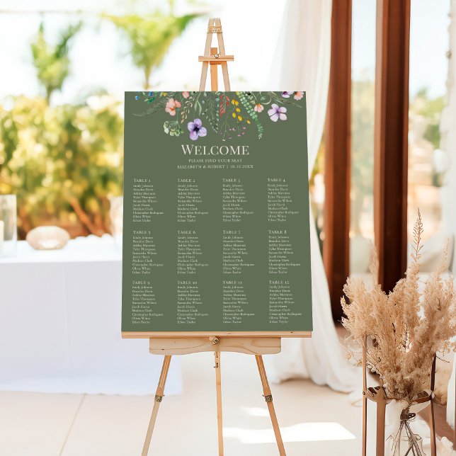 Olive Green Wildflower Wedding Seating Chart Foam Board (Sage Green Wildflower Meadow Wedding Seating Chart Foam Board)