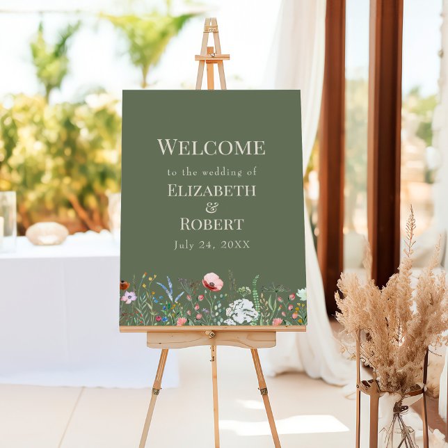 Olive Green Wildflower Wedding Welcome Sign (Sage Green Wilflower Meadow Wedding Welcome Foam Board)