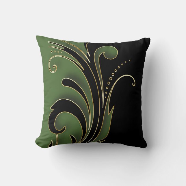 Olive Green with Black Florid Design Pattern Throw Pillow (Front)