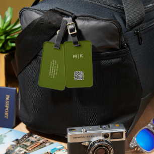 Olive Green with QR Code Modern Monogram Luggage Tag