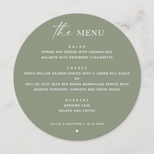 Olive green woodland circle minimalist wedding menu