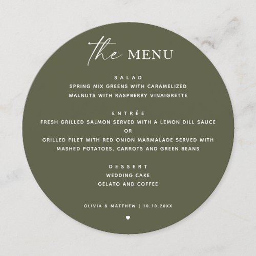 Olive green woodland circle minimalist wedding menu