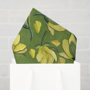 Olive Green Yellow Magnolia Flower Pattern Tissue Paper
