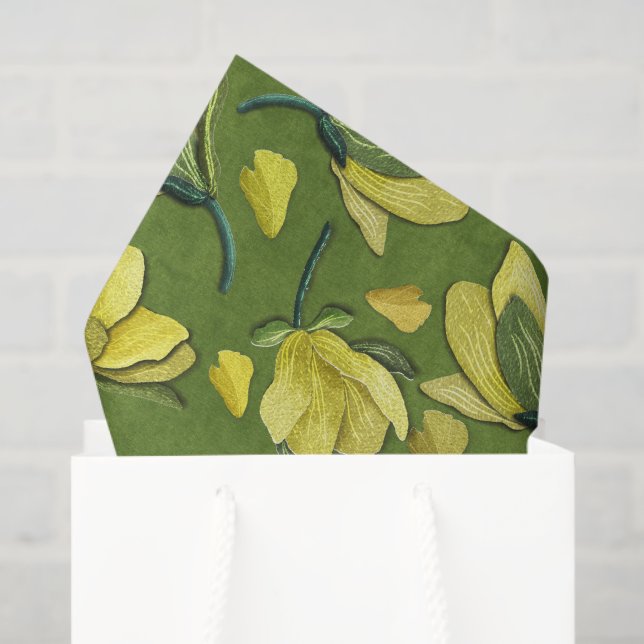 Olive Green Yellow Magnolia Flower Pattern Tissue Paper (Gift Bag)