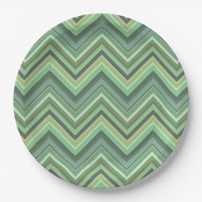 Olive green zigzag stripes paper plates (Front)
