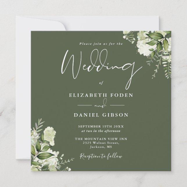 Olive Greenery Floral Monogram Square Wedding Invitation (Front)