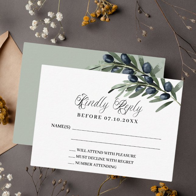 Olive greenery formal wedding response RSVP Note Card (Creator Uploaded)