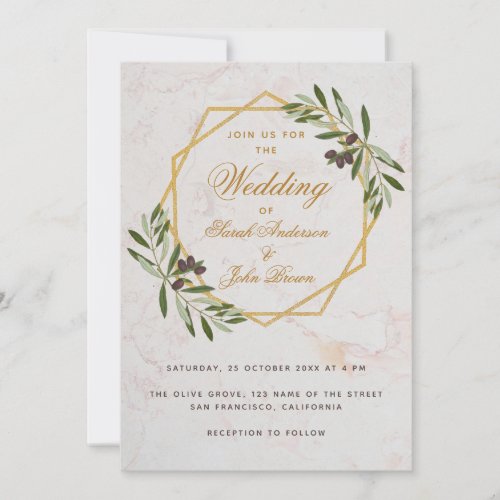 Olive Greenery Gold Botanical Geometric Wedding Invitation