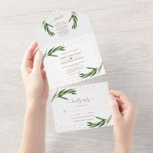 Olive Greenery Gold Confetti Monogram Wedding   All In One Invitation