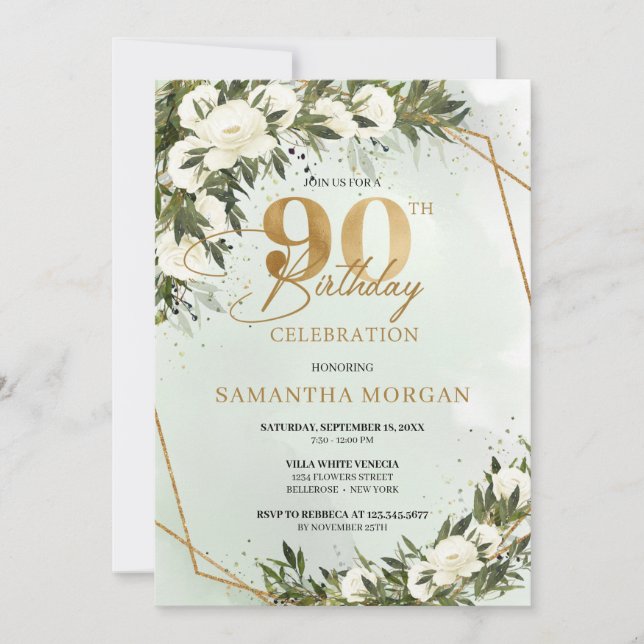 Olive greenery gold foil white roses 90th birthday invitation (Front)