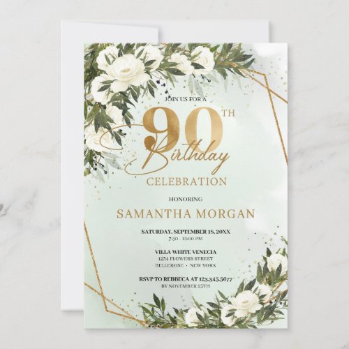 Olive greenery gold foil white roses 90th birthday invitation
