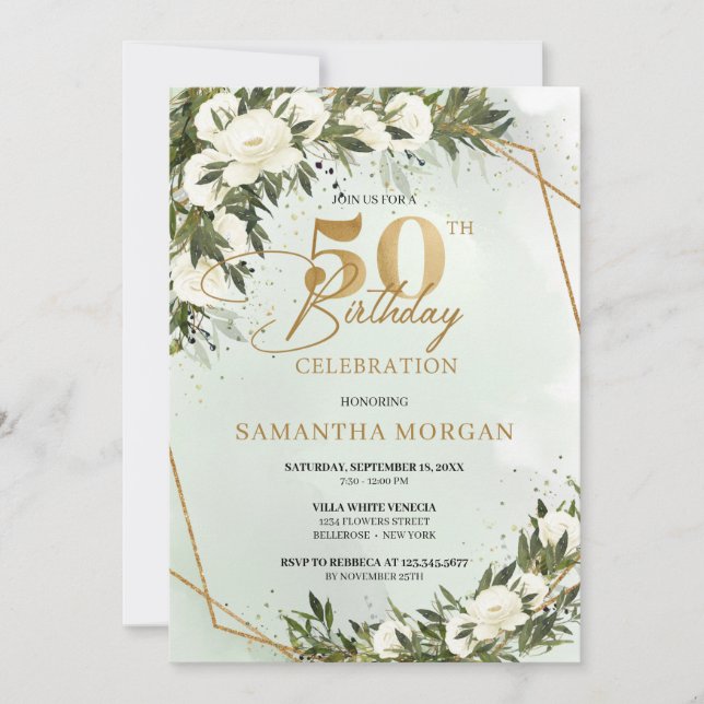 Olive greenery gold frame white rose 50th birthday invitation (Front)