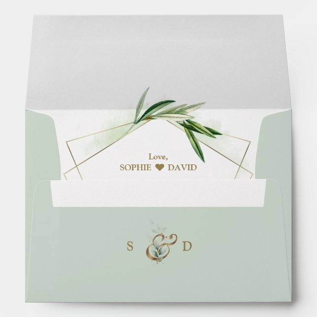 Olive Greenery Gold Wedding Return Address  Envelope (Back (Bottom))