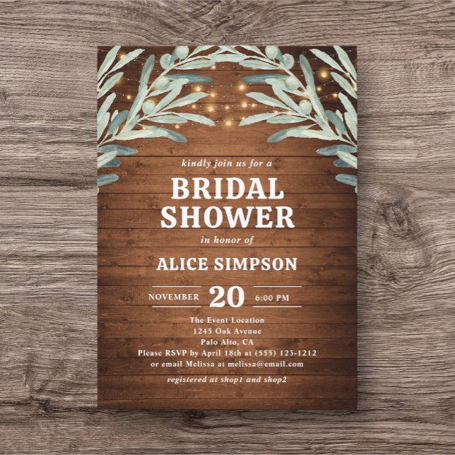 Olive Greenery Rustic Wood Bridal Shower Invitation (Creator Uploaded)