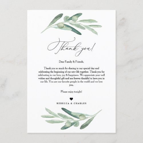 Olive Greenery Thank You Letter Napkin Note Menu