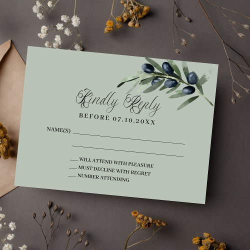 Olive greenery wedding response RSVP Note Card