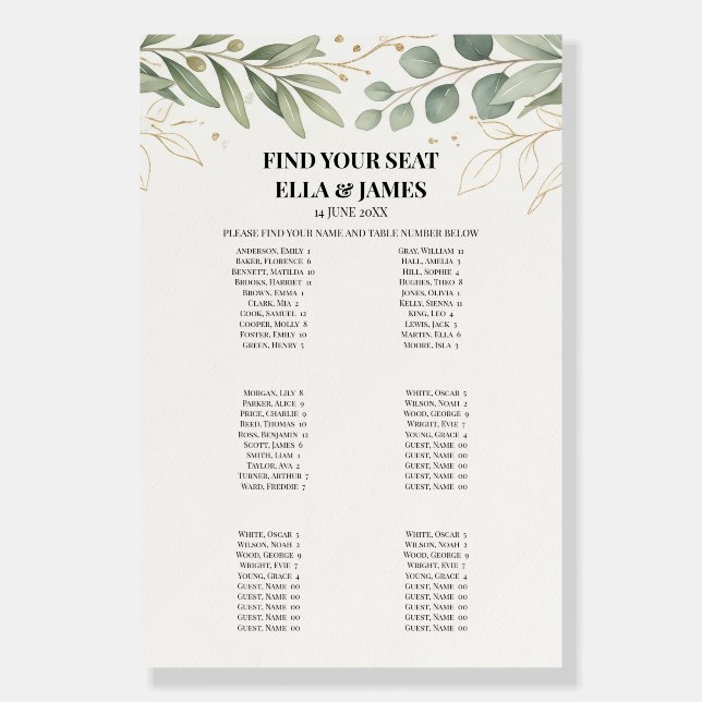 Olive Greenery Wedding Seating Chart Sign (Front)