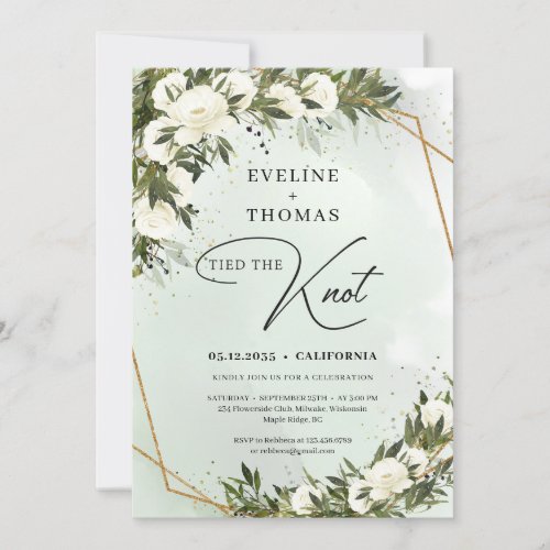 Olive greenery white roses gold frame the knot invitation