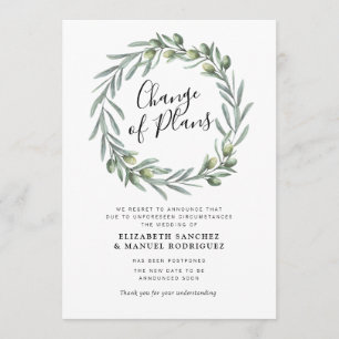 Olive greenery wreath postponed wedding card