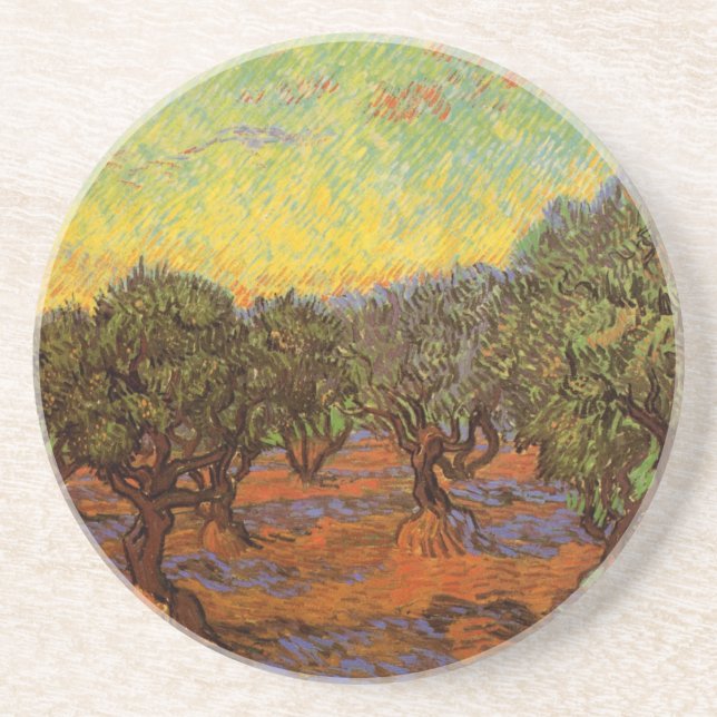 Olive Grove, Orange Sky by Vincent van Gogh Drink Coaster (Front)