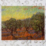 Olive Grove, Orange Sky by Vincent van Gogh Jigsaw Puzzle<br><div class="desc">Olive Grove, Orange Sky by Vincent van Gogh is a vintage fine art post impressionism landscape nature painting. A farm scene with olive trees in an orchard, a pale summer sunset sky is glowing over the trees. It is one of over a dozen landscapes of olive trees that van Gogh...</div>