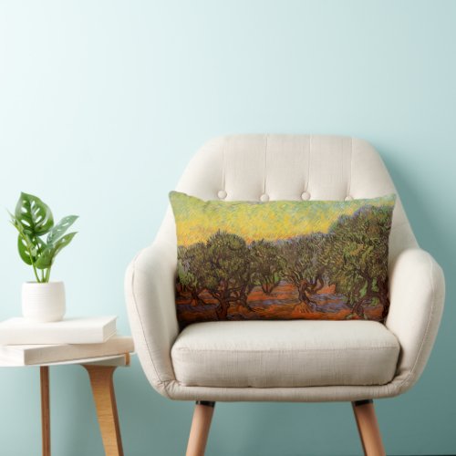 Olive Grove Orange Sky by Vincent van Gogh Lumbar Pillow