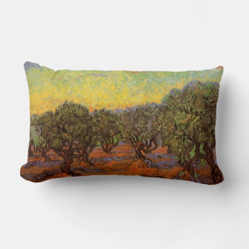 Olive Grove Orange Sky by Vincent van Gogh Lumbar Pillow