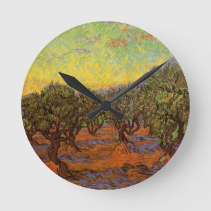 Olive Grove, Orange Sky by Vincent van Gogh Round Clock