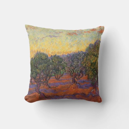 Olive Grove Orange Sky by Vincent van Gogh Throw Pillow