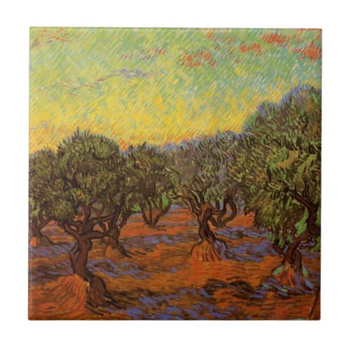 Olive Grove Orange Sky by Vincent van Gogh Tile