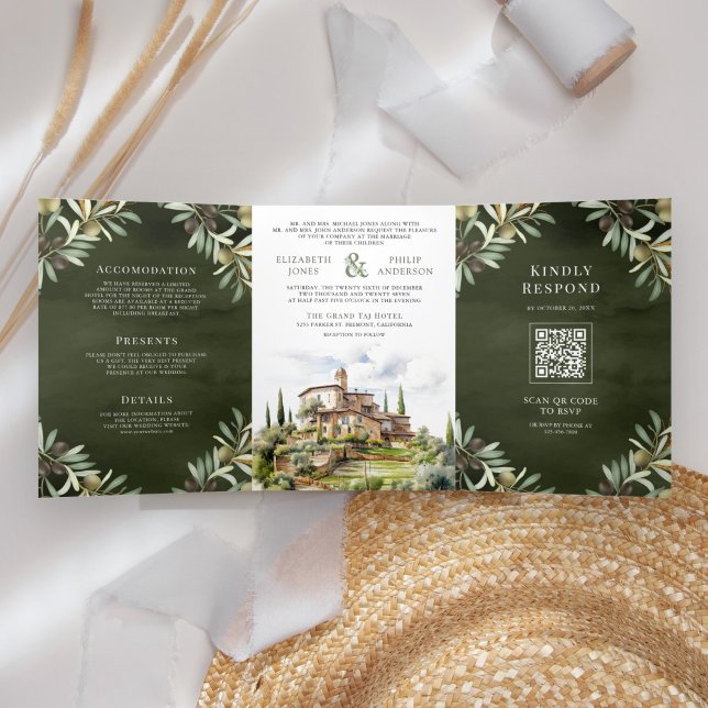 Olive Grove Watercolor Tuscany Italy Wedding Tri-Fold Invitation (Creator Uploaded)
