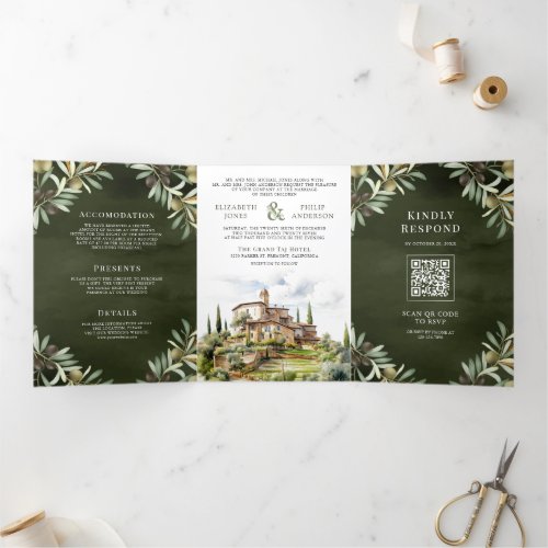 Olive Grove Watercolor Tuscany Italy Wedding Tri_Fold Invitation