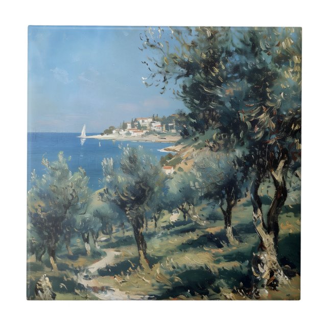 Olive Grove with Coastal Village and Sea Ceramic Tile (Front)