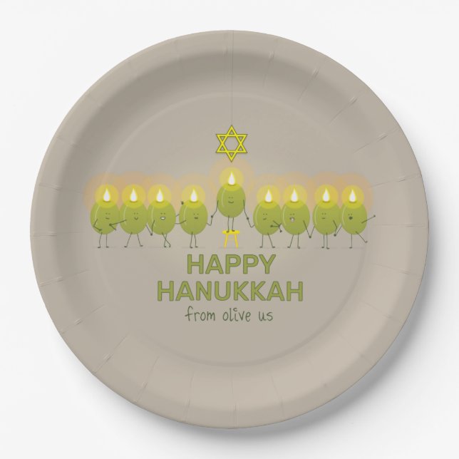 Olive Hanukkah Menorah Paper Plates (Front)