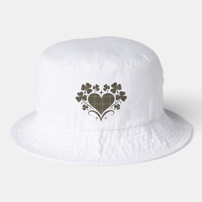 Olive Heart Shamrock Plaid Tartan Clover Bucket Hat (Front)