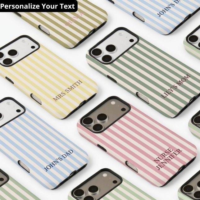 Olive Khaki Vertical Stripe Bridesmaid Name Script iPhone Case (Custom Modern Stripes iPhone Cases Gift for Wedding | Bachelorette party | Mother’s day | Graduates)