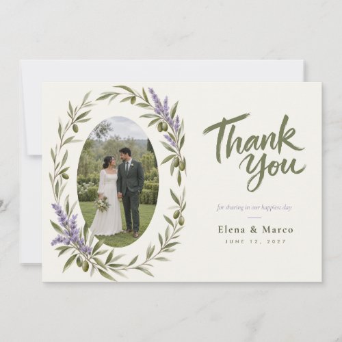 Olive Lavender Wreath Wedding Photo Thank You Card