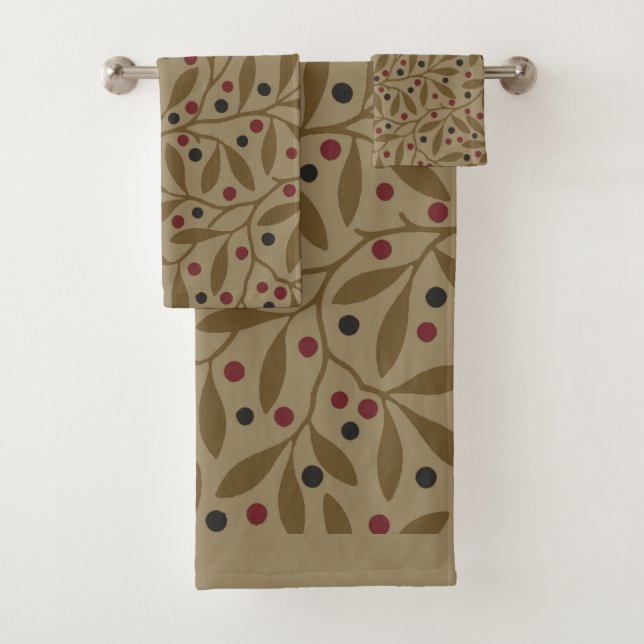 Olive Leaf Berry Earthy Willow Branch Bath Towel Set (Insitu)