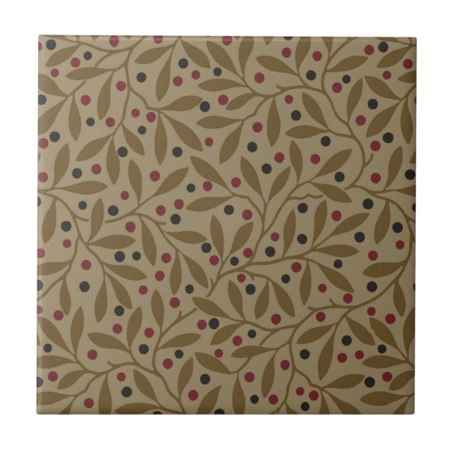Olive Leaf Berry Earthy Willow Branch Ceramic Tile (Front)