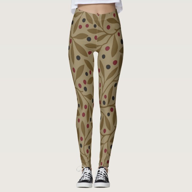 Olive Leaf Berry Earthy Willow Branch Leggings (Front)