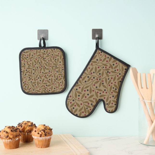 Olive Leaf Berry Earthy Willow Branch Oven Mitt & Pot Holder Set (Insitu(Hanging))