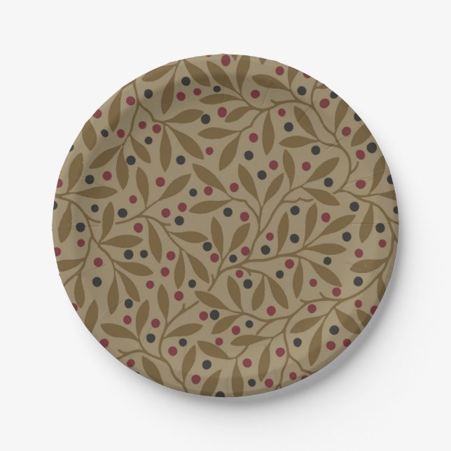 Olive Leaf Berry Earthy Willow Branch Paper Plates (Front)