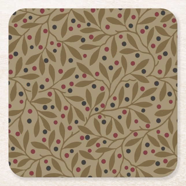 Olive Leaf Berry Earthy Willow Branch Square Paper Coaster (Front)