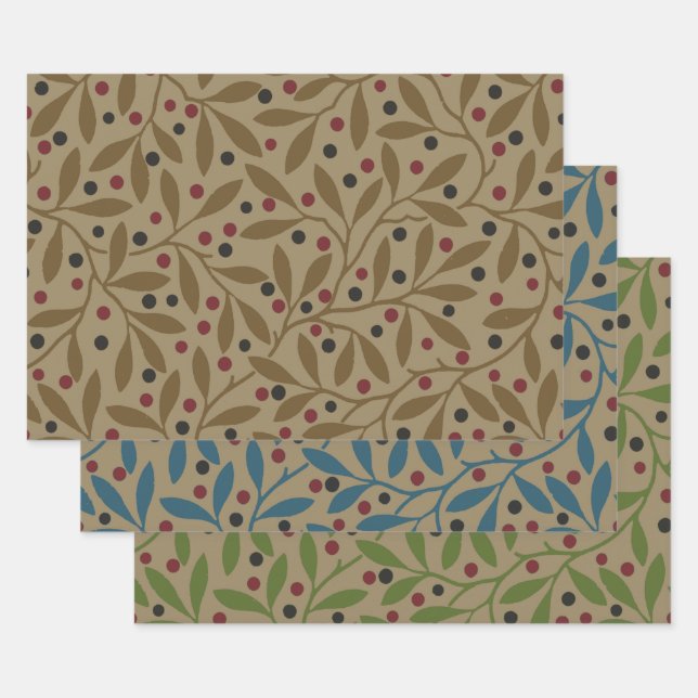 Olive Leaf Berry Earthy Willow Branch Wrapping Paper Sheets (Set)