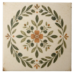 Olive Leaf Floral Wreath Medallion Ceramic Tile