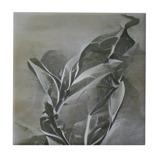 Olive leaf gray etching abstract graphic art ceramic tile (Front)